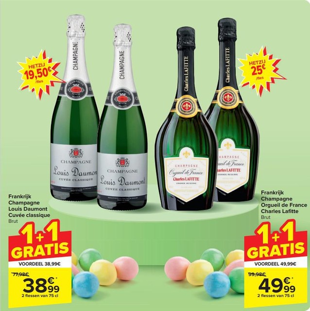 Ook bij Carrefour koop je twee flessen champagne voor de prijs van één