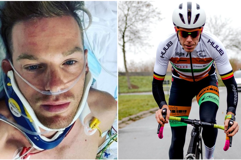 Diego Van Looy plaatste deze foto vanop zijn ziekenhuisbed in Spanje op de sociale media. Rechts: Van Looy tijdens een trainingsrit.