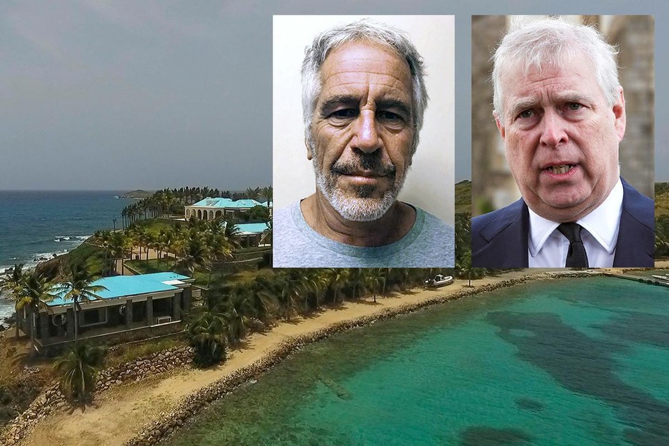 Prins Andrew (inzetfoto rechts) zou zich “thuis hebben gevoeld” op het beruchte eiland van misbruikmiljardair Jeffrey Epstein (inzetfoto links). 
