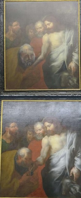 Het bovenste schilderij met het oude, mismeesterde hoofd. Onderaan de gerestaureerde versie. Let ook op de veel gespierdere onderarm van Jezus na restauratie. 