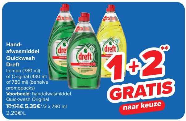 Carrefour heeft de strafste actie van de week: 1 plus 2 gratis bij handafwasmiddel van Dreft