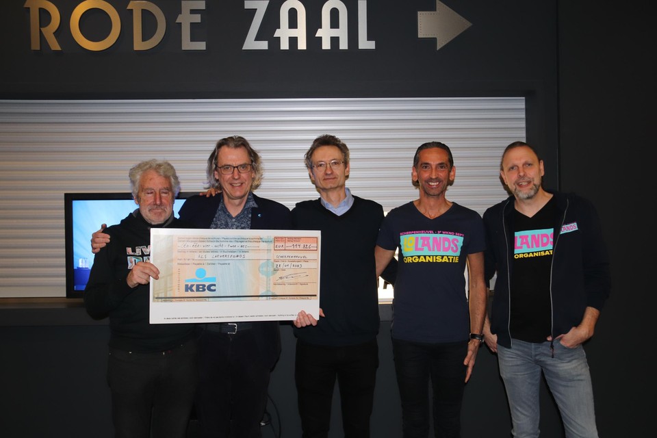 Philip Van Damme (midden) en Ludo Van den Bosch van de KU Leuven namen de cheque in ontvangt van André Laevers en teamleden van Lolands.