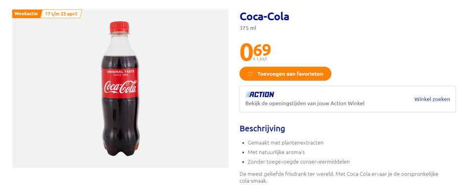 De literprijs van dit flesje zakt naar 1,84 euro en dat is weinig voor een kleine verpakking Coca-Cola