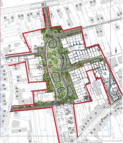 De huidige groene zone (rood aangeduid) wordt deels benut voor woningen en deels voor de aanleg van een park. 